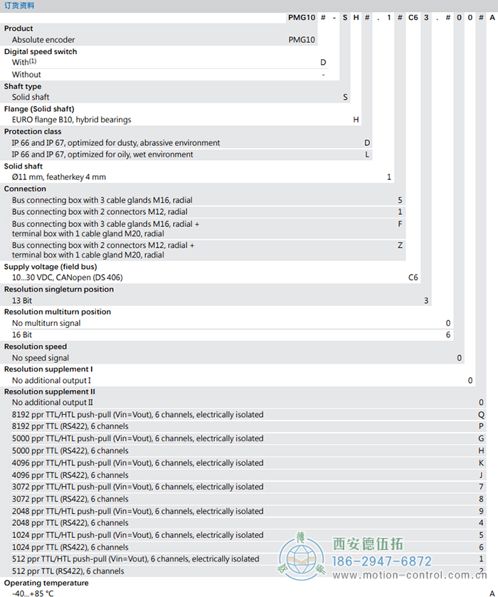 PMG10 - CANopen®絕對值重載編碼器訂貨選型參考(?11 mm實(shí)心軸，帶歐式法蘭B10或外殼支腳) - 西安德伍拓自動化傳動系統(tǒng)有限公司
