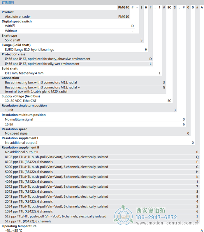 PMG10 - EtherCAT絕對值重載編碼器訂貨選型參考(?11 mm實(shí)心軸，帶歐式法蘭B10或外殼支腳 (B3)) - 西安德伍拓自動化傳動系統(tǒng)有限公司