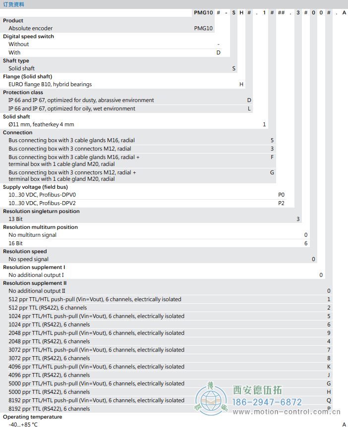 PMG10 - Profibus DP絕對值重載編碼器訂貨選型參考(?11 mm實(shí)心軸，帶歐式法蘭B10或外殼支腳 (B3)) - 西安德伍拓自動化傳動系統(tǒng)有限公司