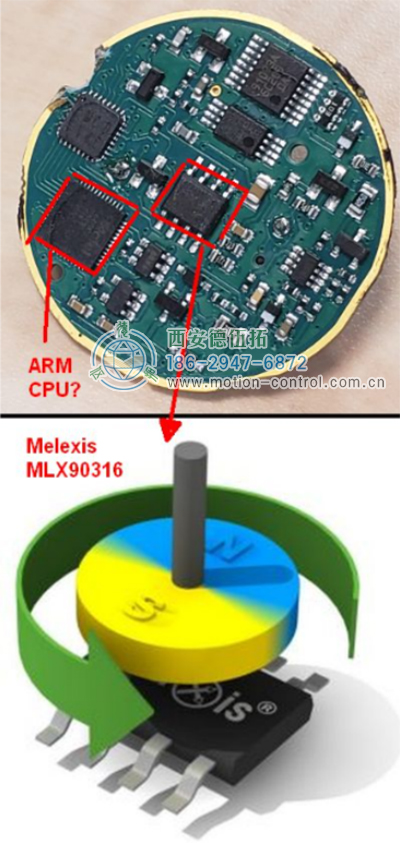 在PCB的中心，有Melexis芯片和可能的ARM微控制器